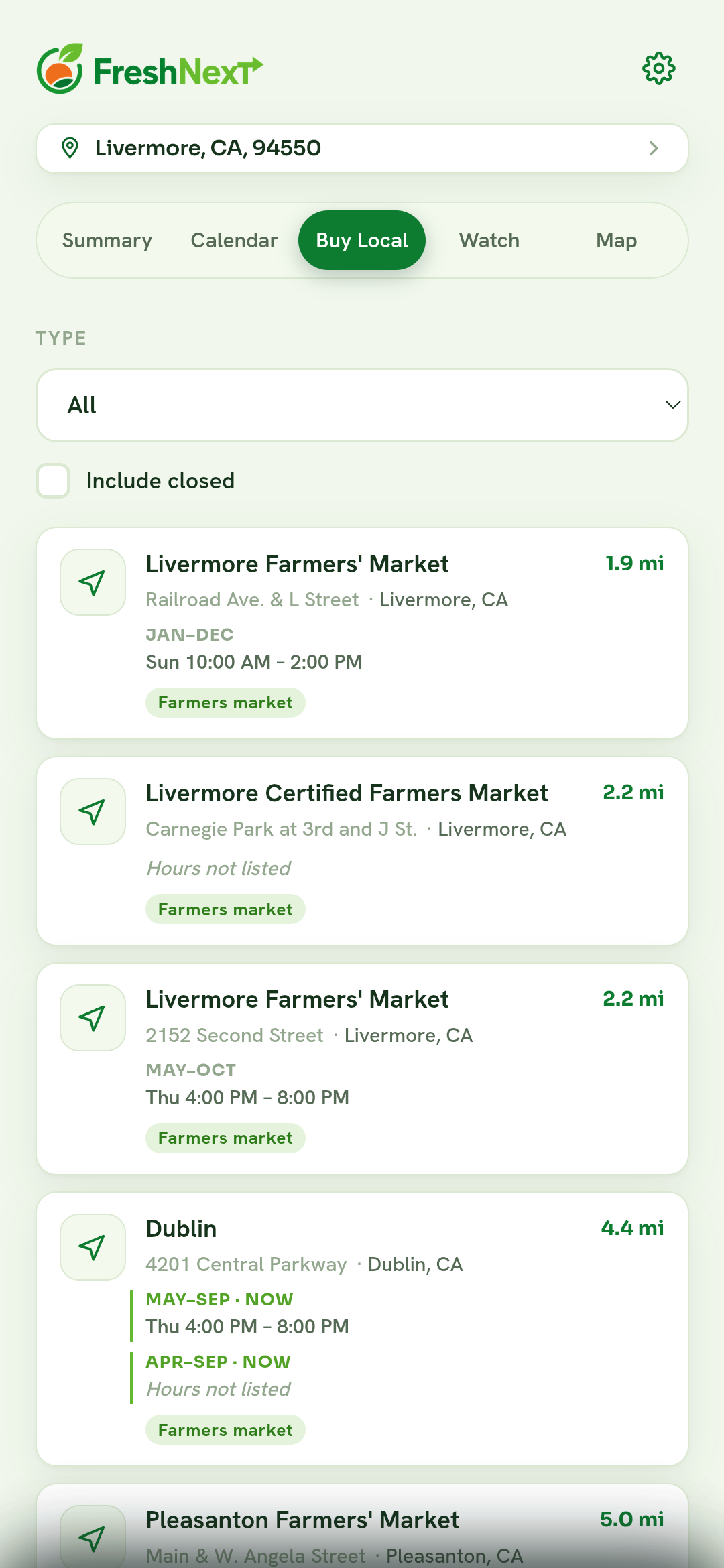 FreshNext buy local screen showing nearby farmers markets.