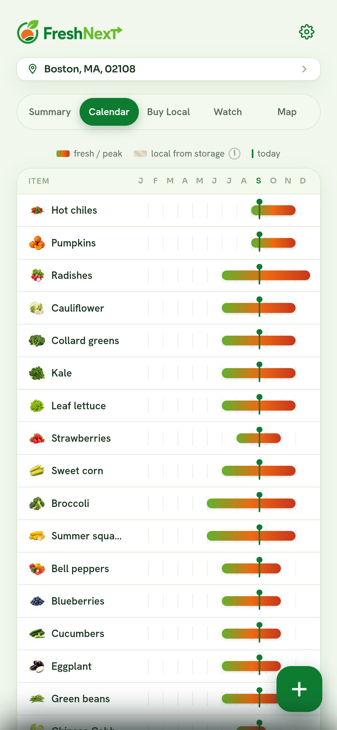 FreshNext calendar screen showing month-by-month produce availability.