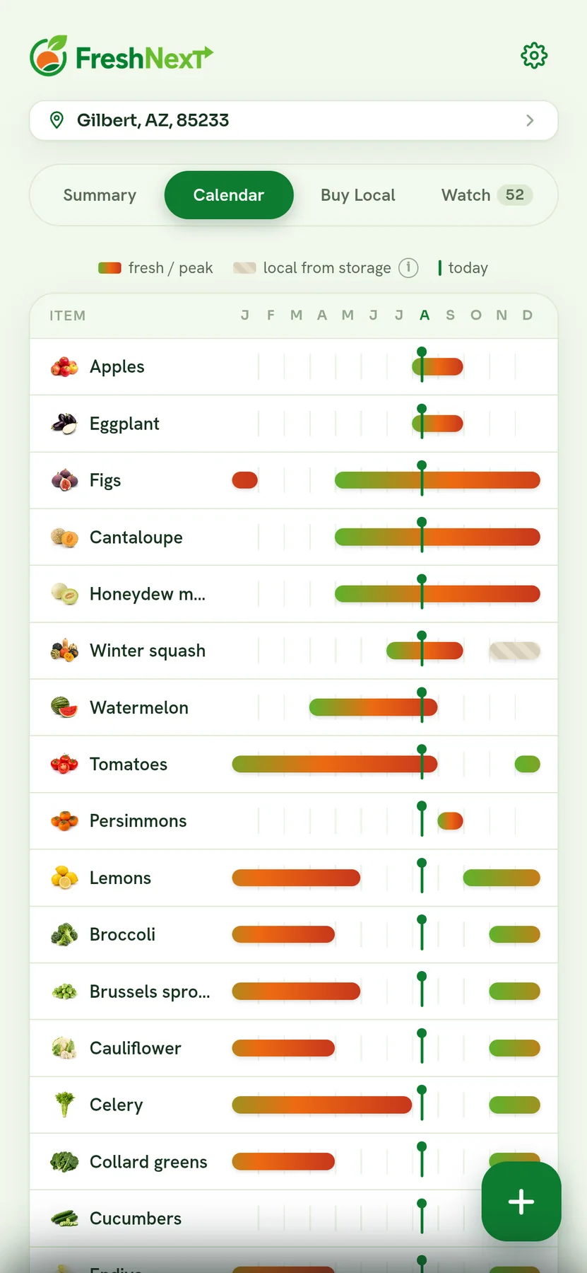 FreshNext calendar screen showing month-by-month produce availability.