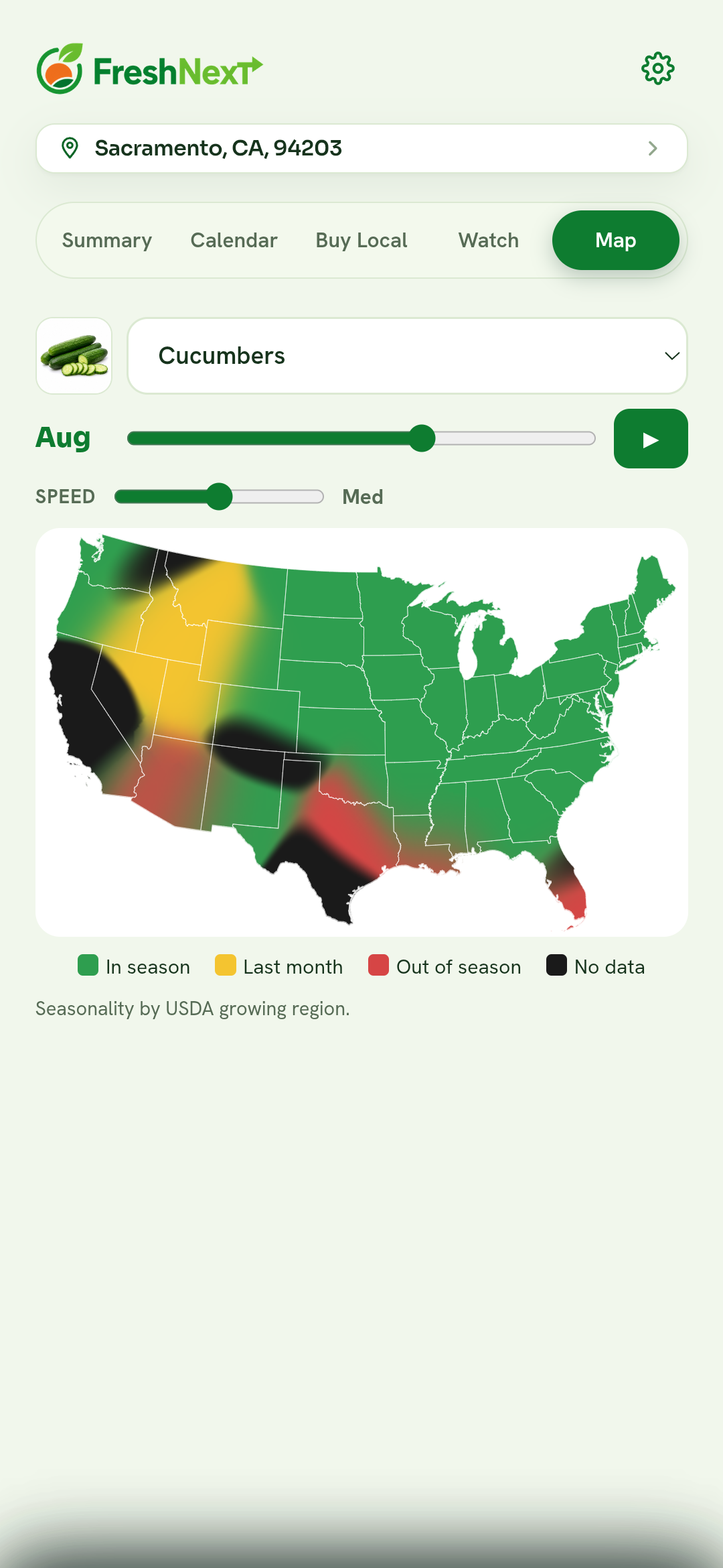 FreshNext map screen showing regional produce seasonality.
