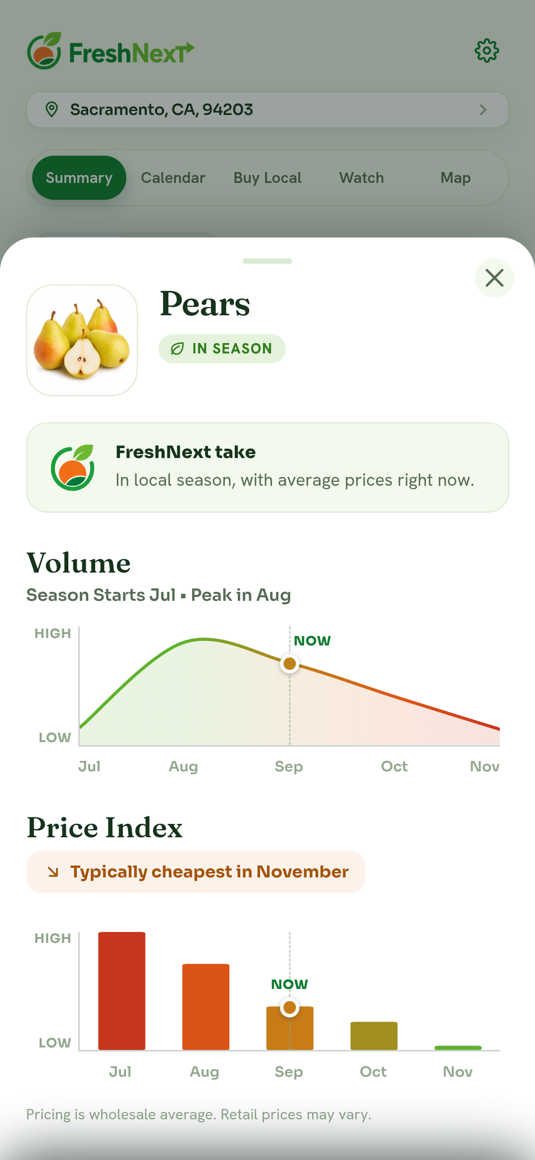 FreshNext produce detail sheet showing volume and price context.