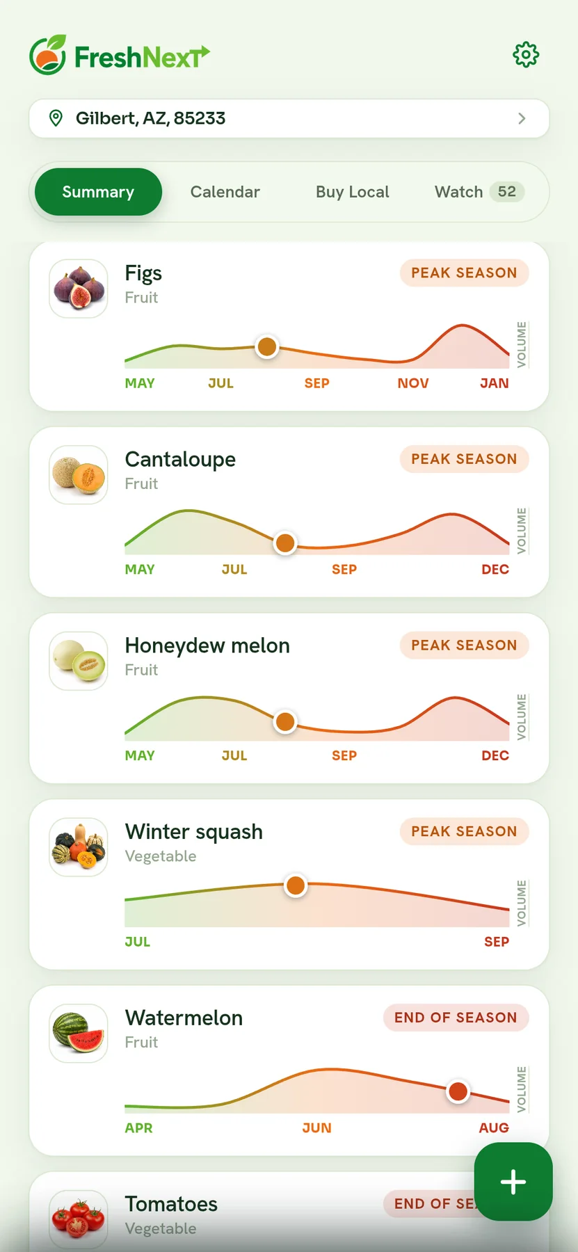 FreshNext summary screen showing seasonal produce near Gilbert, Arizona.